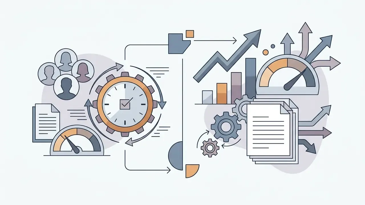 Team icons and clock gears connecting to performance gauges and document stacks with growth arrows
