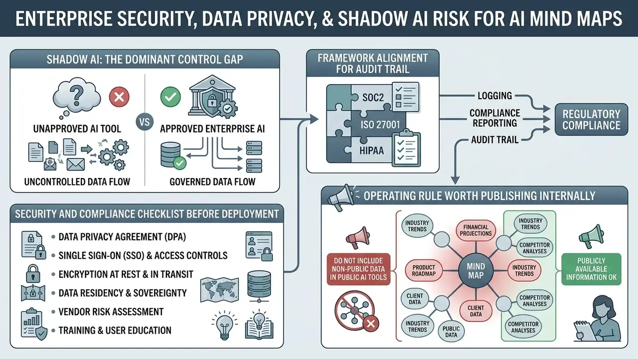 Infographic comparing unapproved AI tools with enterprise security, compliance frameworks, and data policies