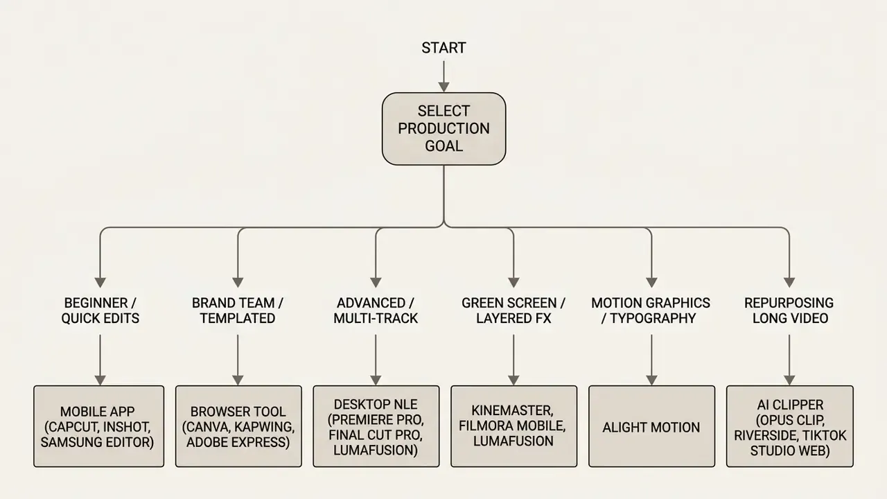 Decision tree mapping production goals to specific software categories for video creation