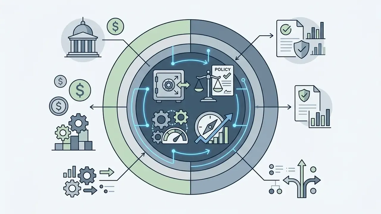 Central circular process icons surrounded by financial, regulatory, and reporting workflow symbols