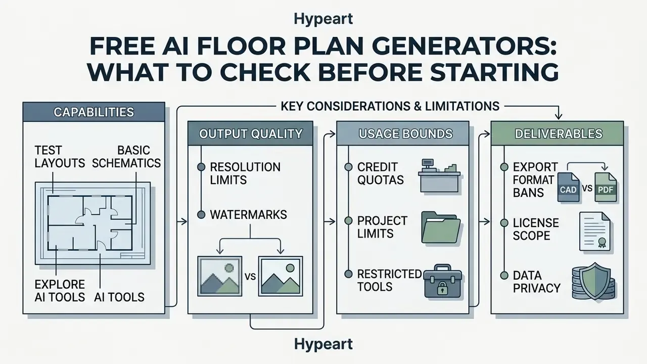 Diagram outlining key considerations for architectural design software including output and usage limits