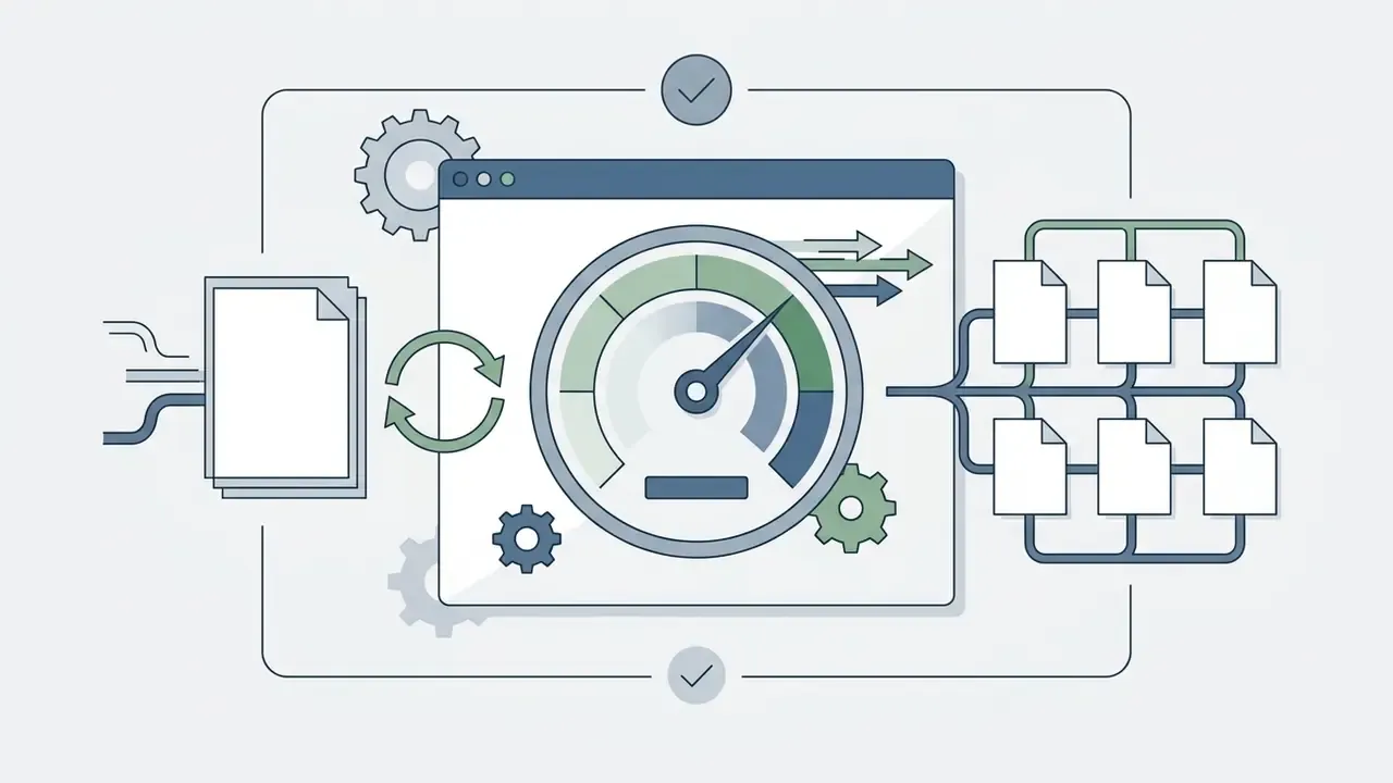 Speedometer icon processing input files into multiple parallel output variants