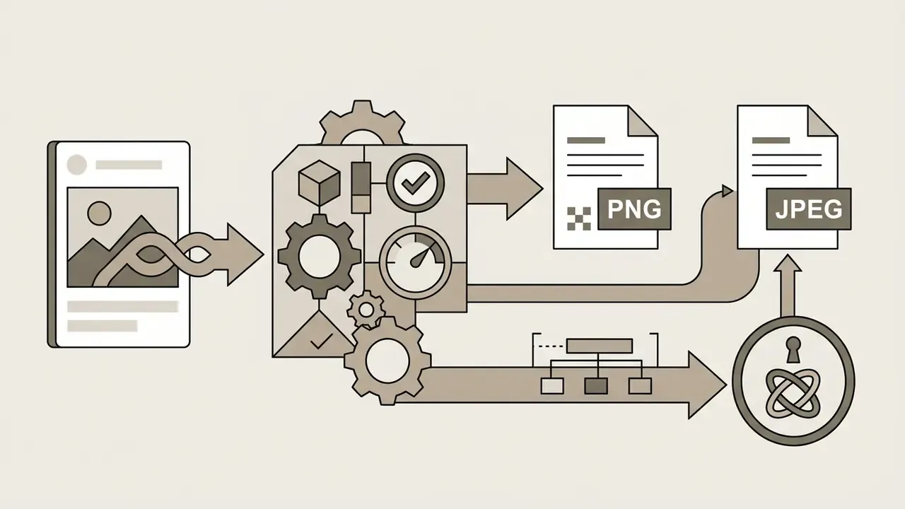 Digital image file being processed through gears to export as PNG or JPEG files with C2PA credentials