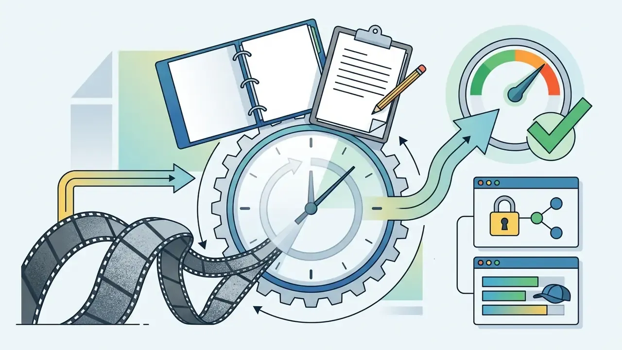 Film strip and clock gear mechanism tracking project time and progress for a YouTube video editor