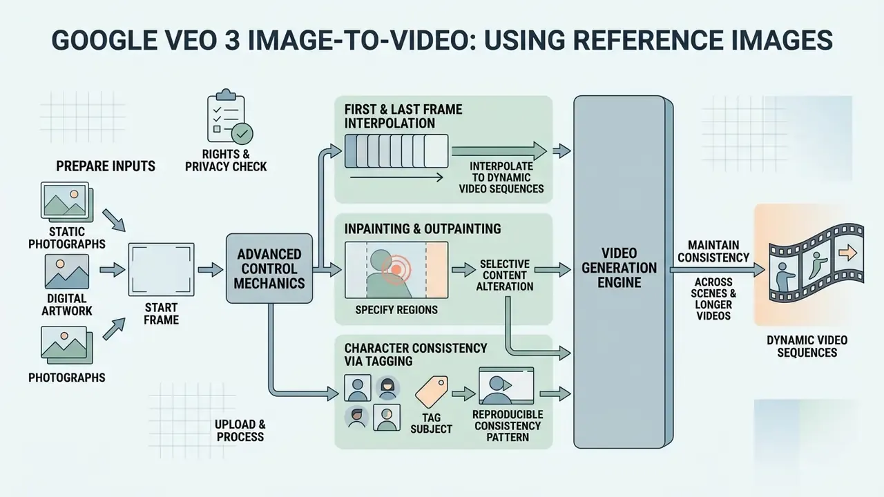 Step-by-step diagram detailing the workflow for using Google Veo 3 image-to-video with reference images