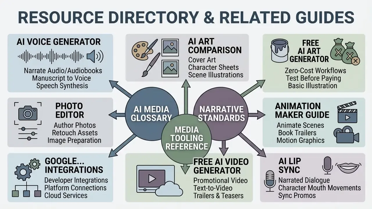 Central hub diagram connecting various media tooling guides including voice, art, video, and integration