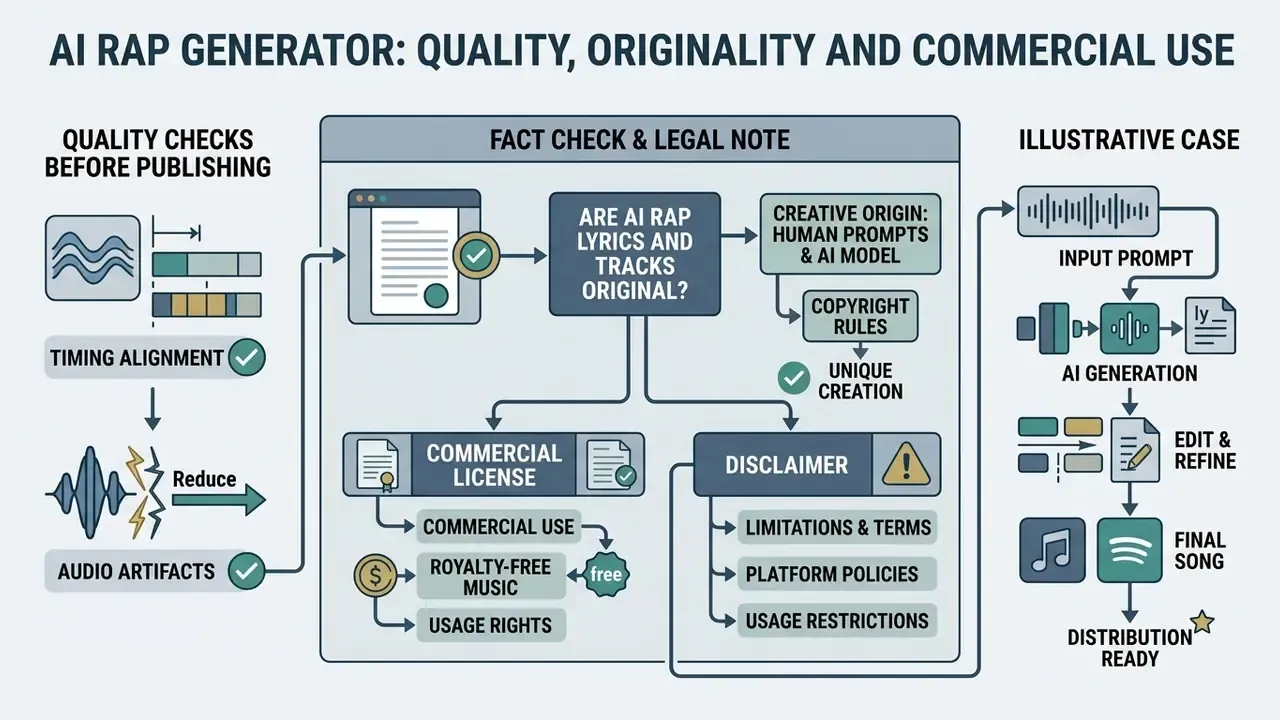 Flowchart mapping quality checks, legal considerations, and the production cycle for musical tracks