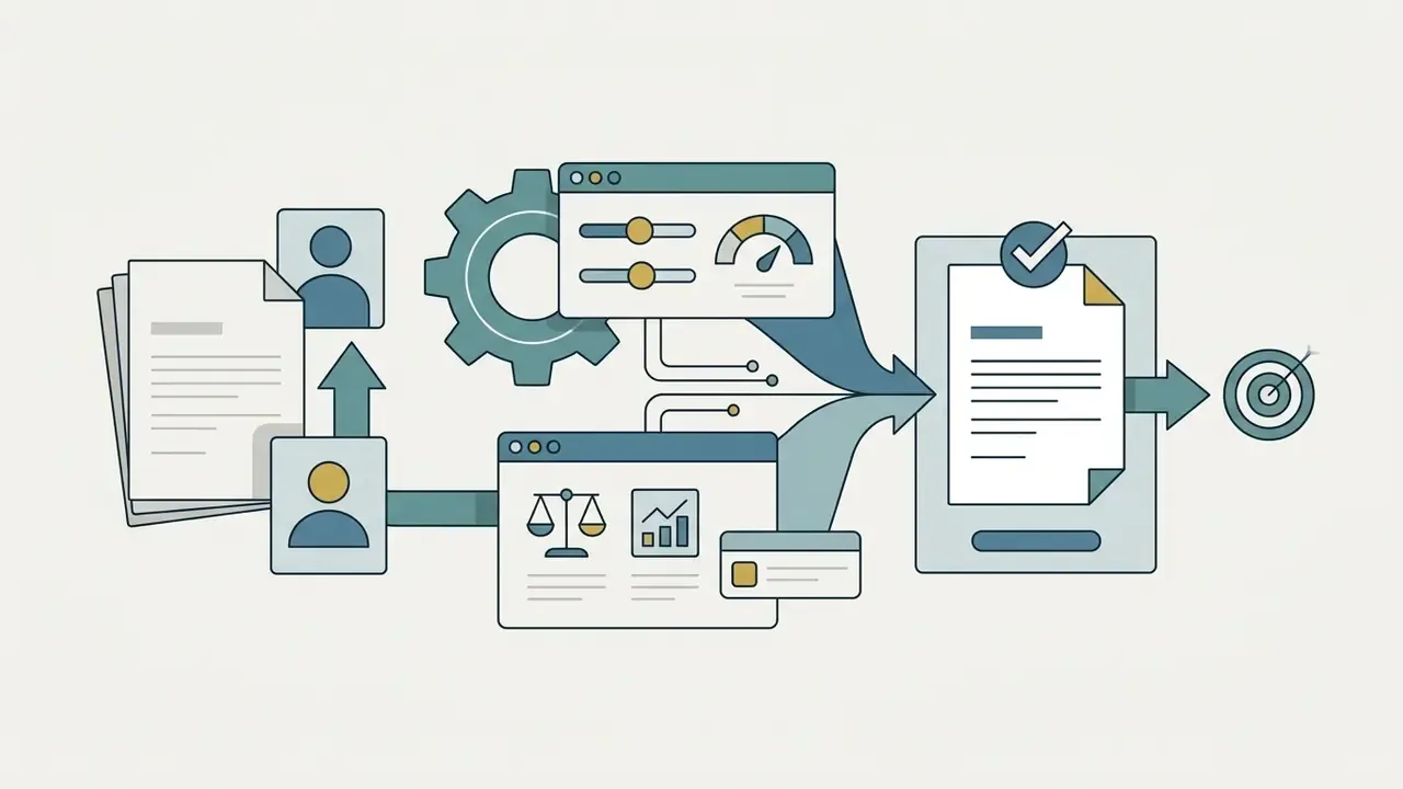 User profile data and documents flowing through adjustment settings toward a finalized application target