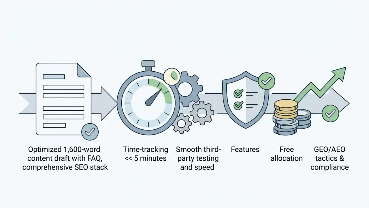 Document icon passing through a stopwatch, gears, shield, and coin stacks to an upward growth arrow