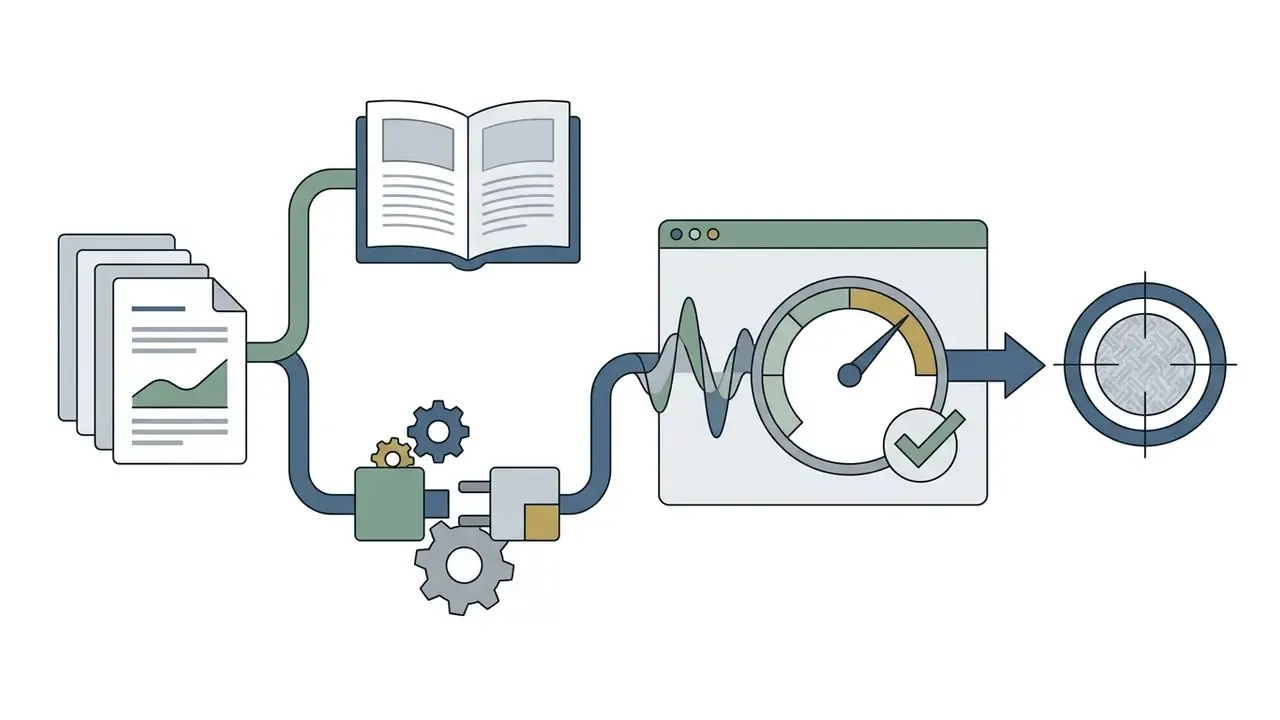Research papers feed into a reference book and processing gears that output to a gauge and target icon