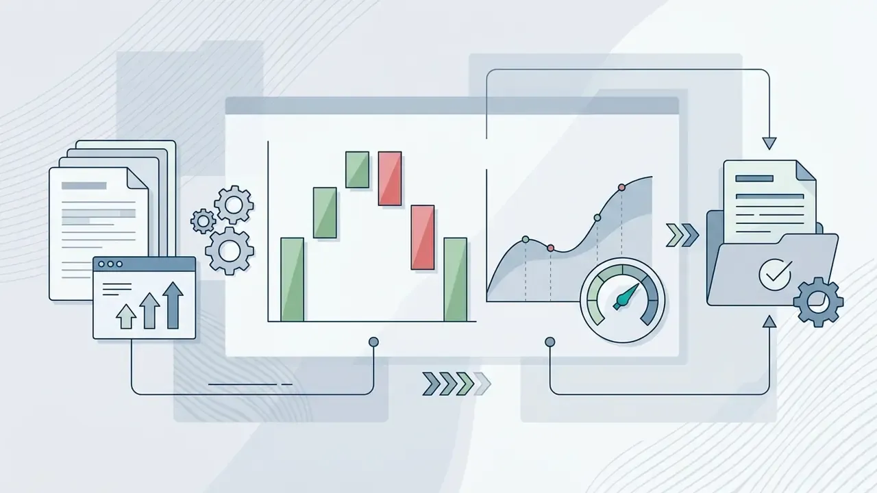Financial documents and data charts processing through a central engine into a finalized report folder