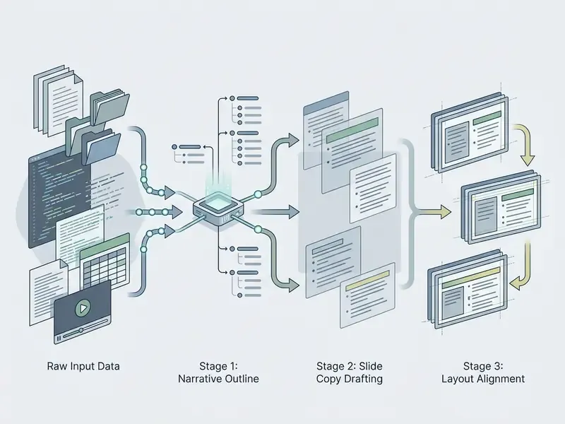 Visual sequence showing data inputs transforming into structured outlines, draft copy, and slide layouts