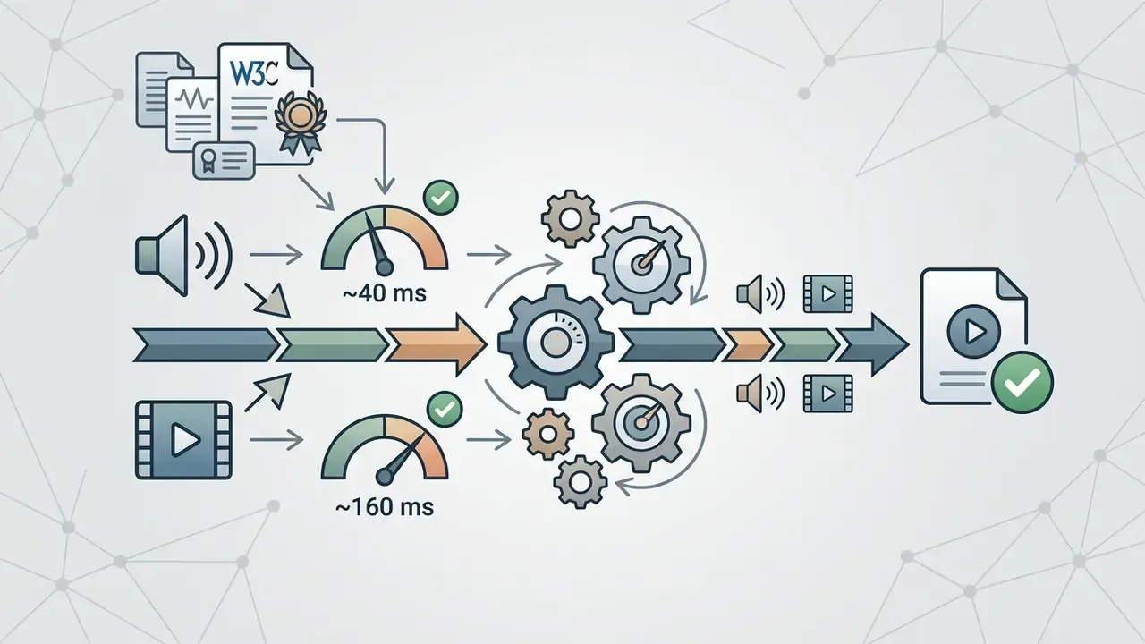 Flowchart showing audio and video synchronization calibrated to W3C standards through a gear mechanism