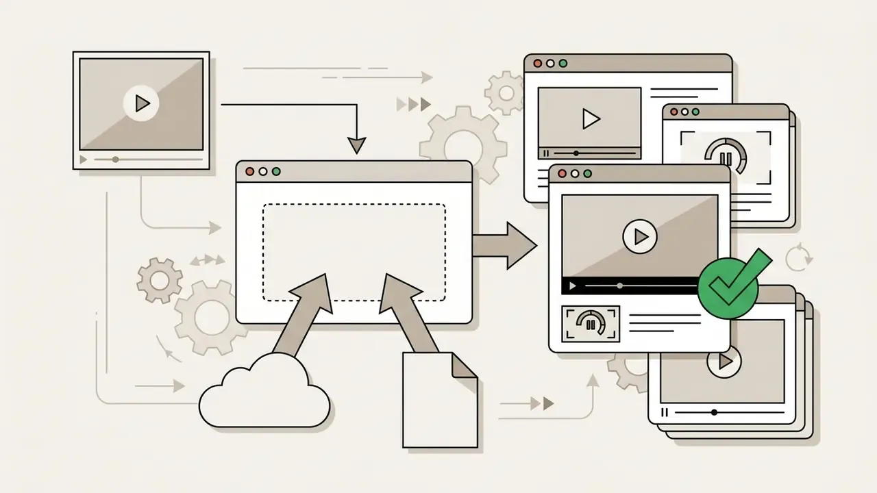 Browser windows showing file uploads and cloud data being processed to find video from image reverse search