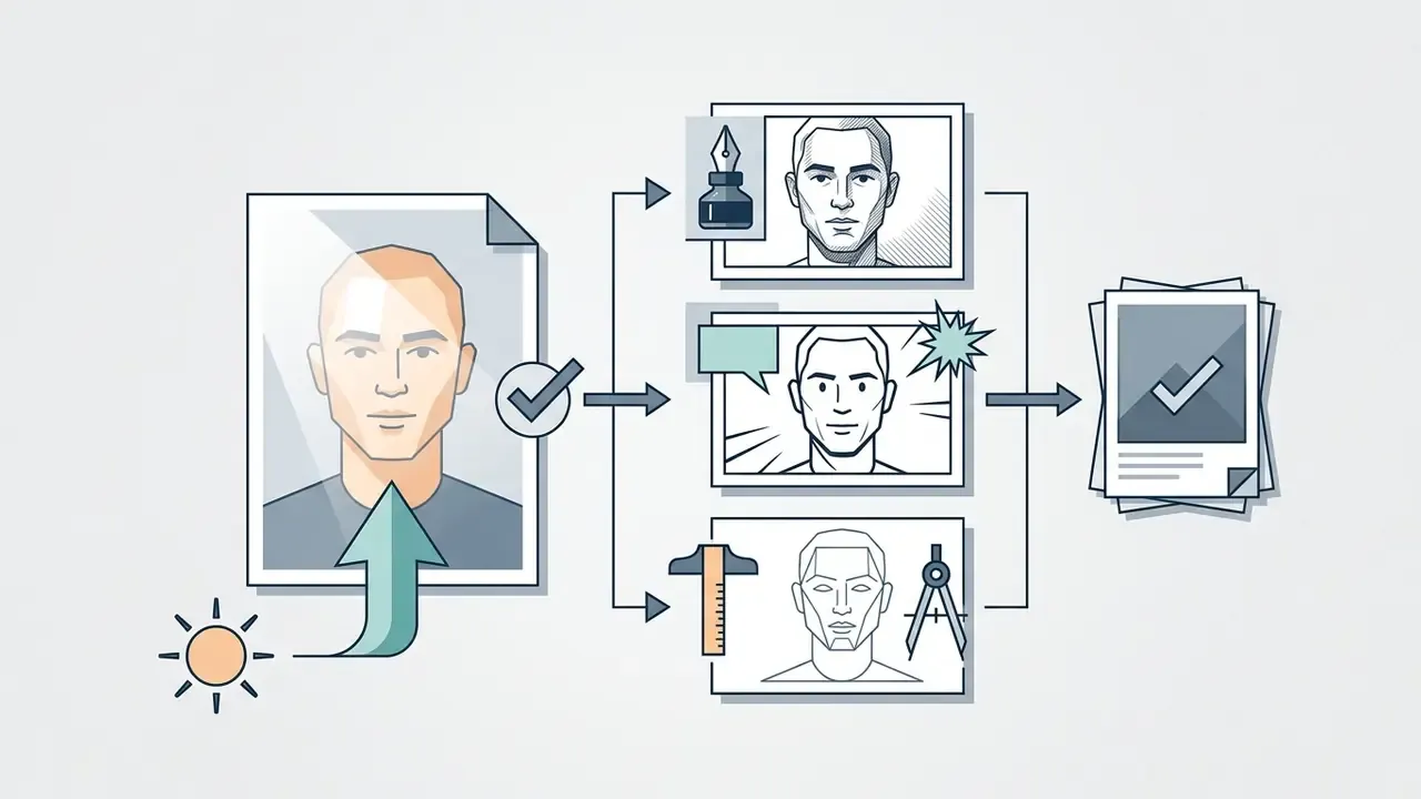 Diagram showing a portrait photo being processed into ink, comic, and technical drawing styles