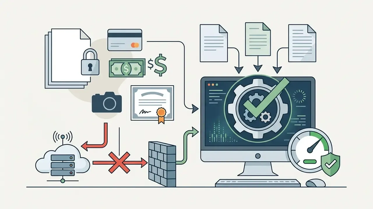 Sensitive documents and financial data being processed locally on a computer behind a firewall