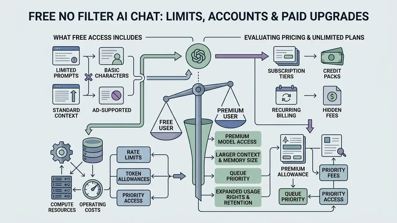 Diagram comparing free versus premium chatbot access, usage limits, and subscription pricing models