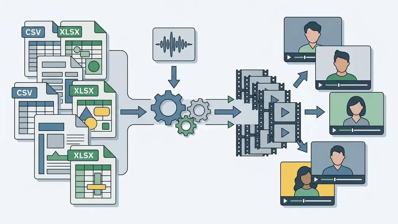 Spreadsheet files and audio input feeding into a processing engine to generate multiple video clips