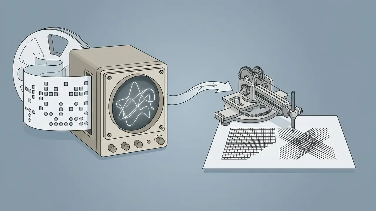 Punched tape feeding into an oscilloscope that directs a mechanical plotter to draw geometric patterns