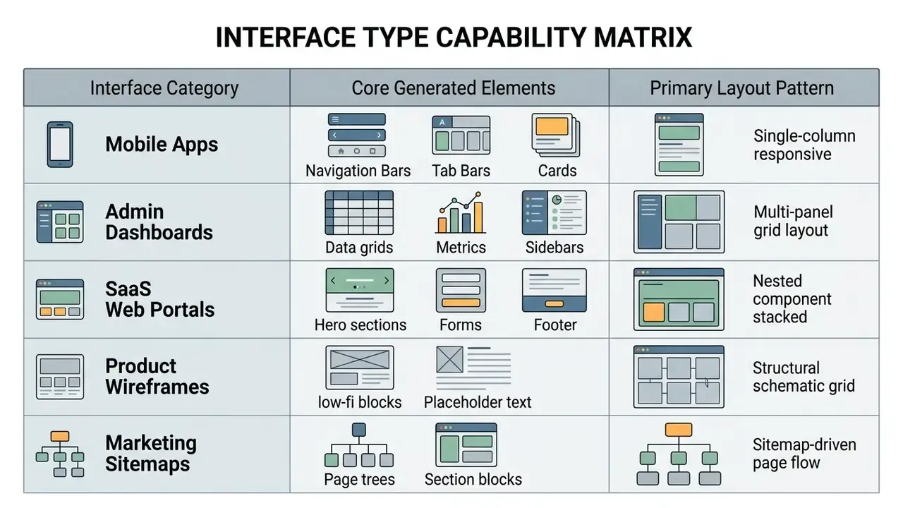 Table mapping interface categories to their core design elements and primary layout patterns