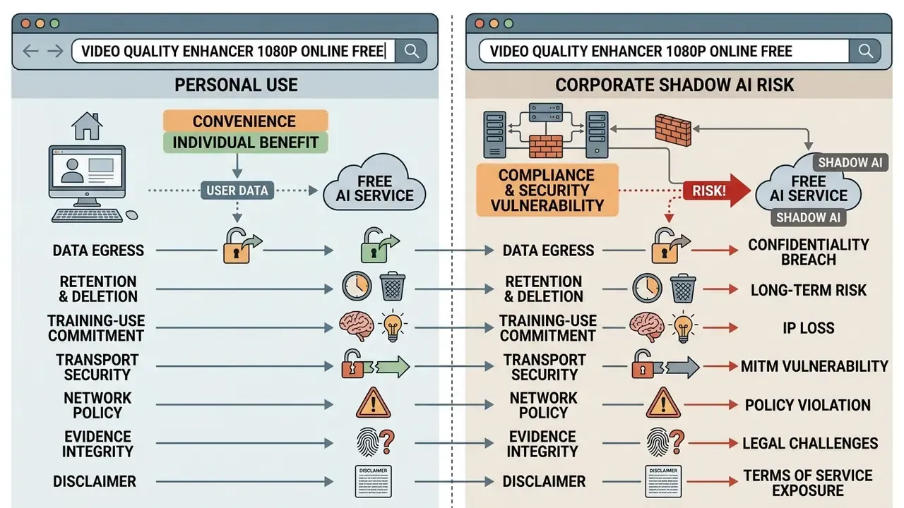 Comparison infographic showing security risks when using a free video quality enhancer online