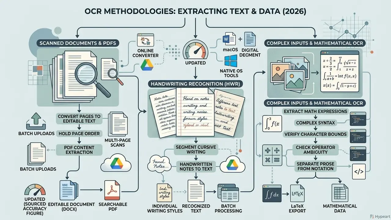 Infographic mapping OCR workflows for scanned documents, handwriting recognition, and mathematical data