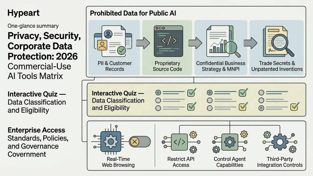 Infographic showing prohibited data types for public AI tools alongside an interactive eligibility quiz