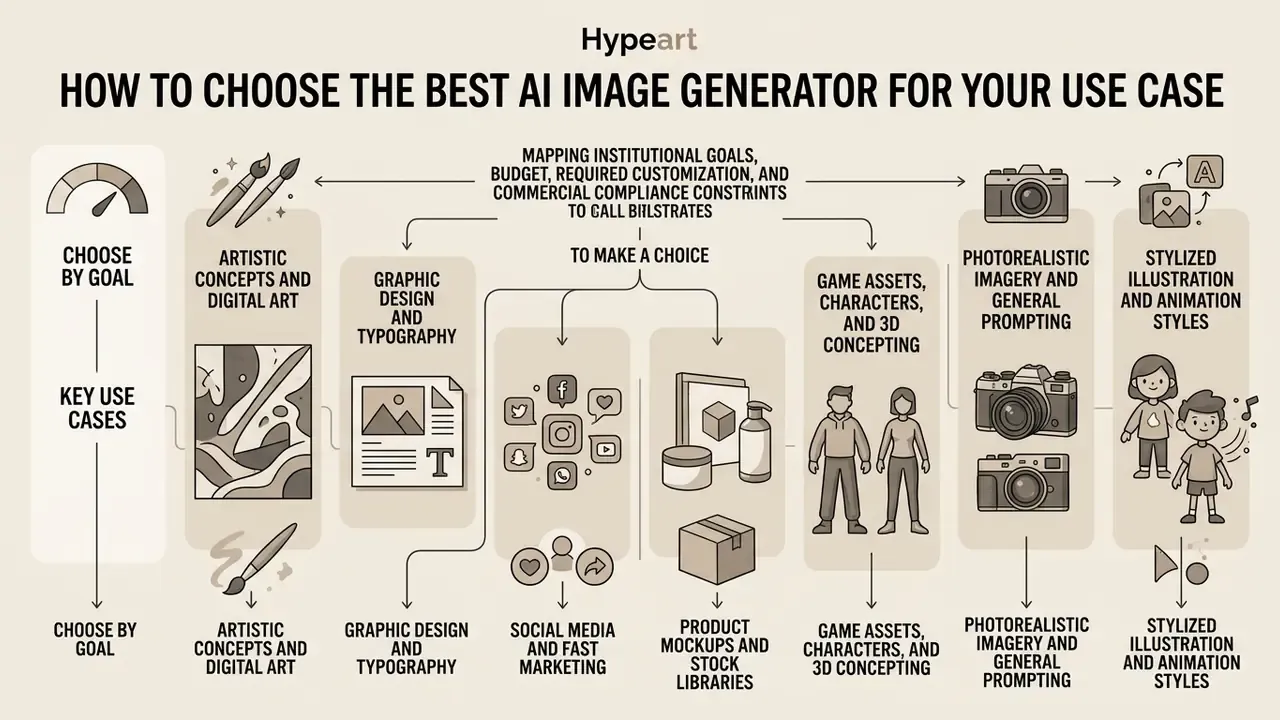 Flowchart mapping goals to specific AI image generator use cases like art, design, and product mockups