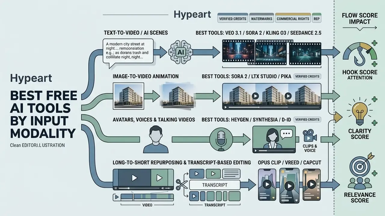 Diagram comparing AI video generation tools categorized by input type and performance metrics