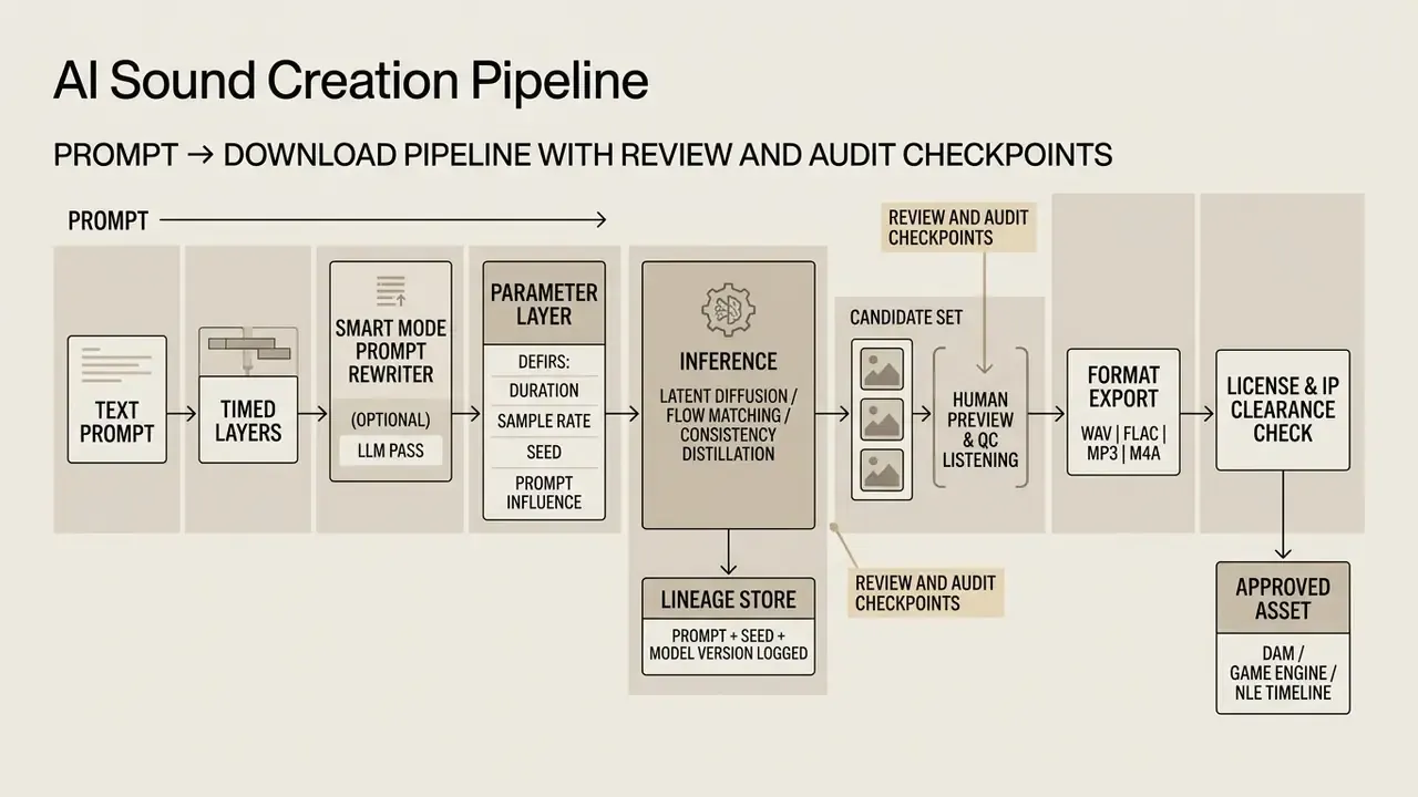 Process diagram showing stages from text prompt input through model inference to final asset export and audit