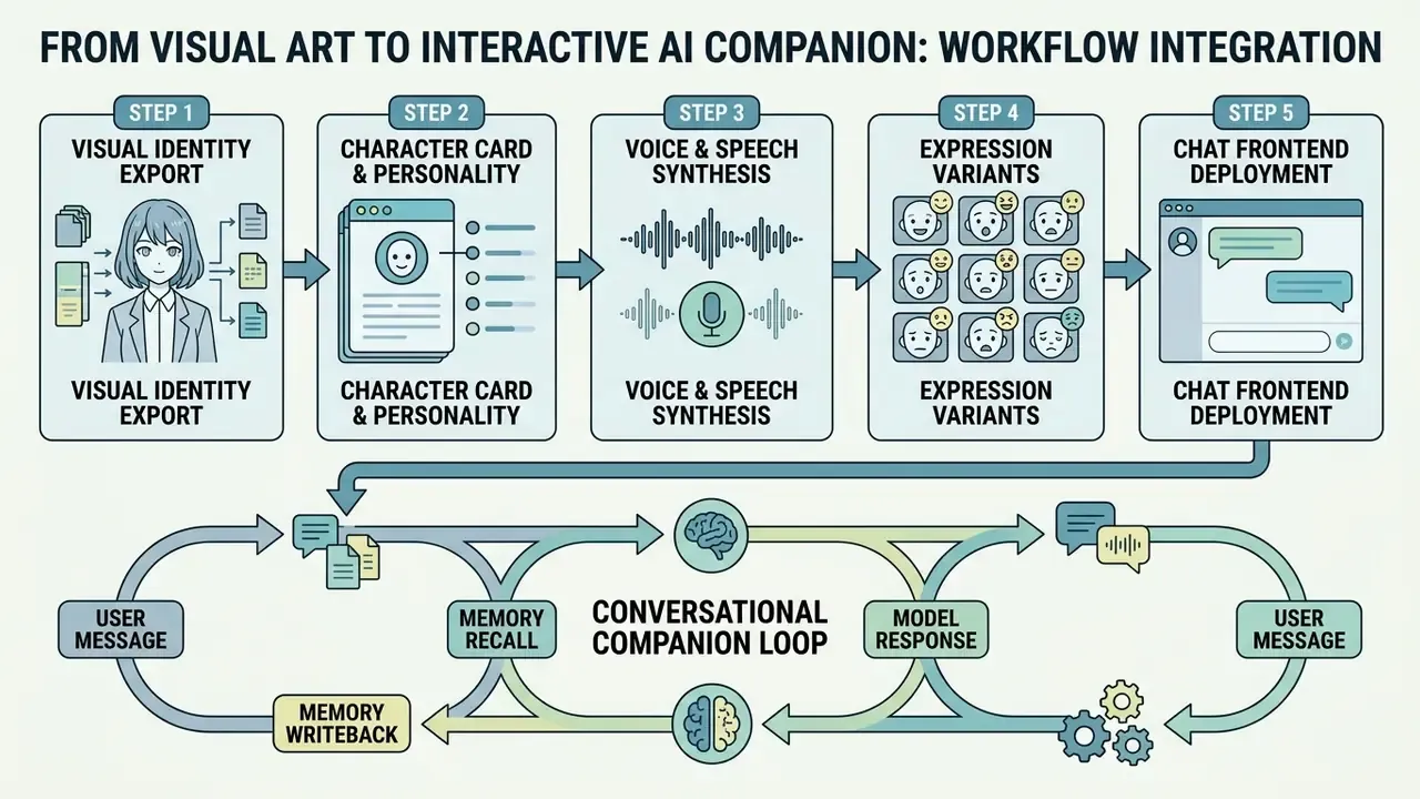 Five step process diagram showing character development followed by a conversational memory loop