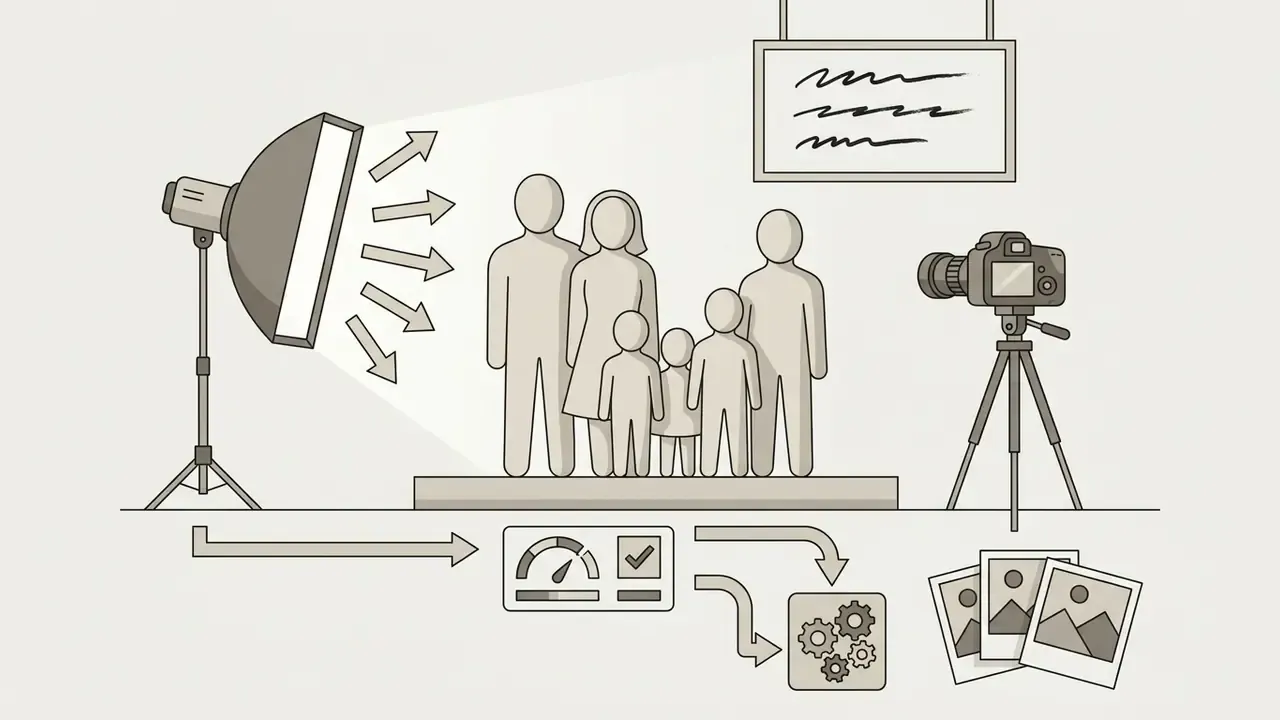 Studio lighting illuminating a family group while a camera and mechanical gears process the output