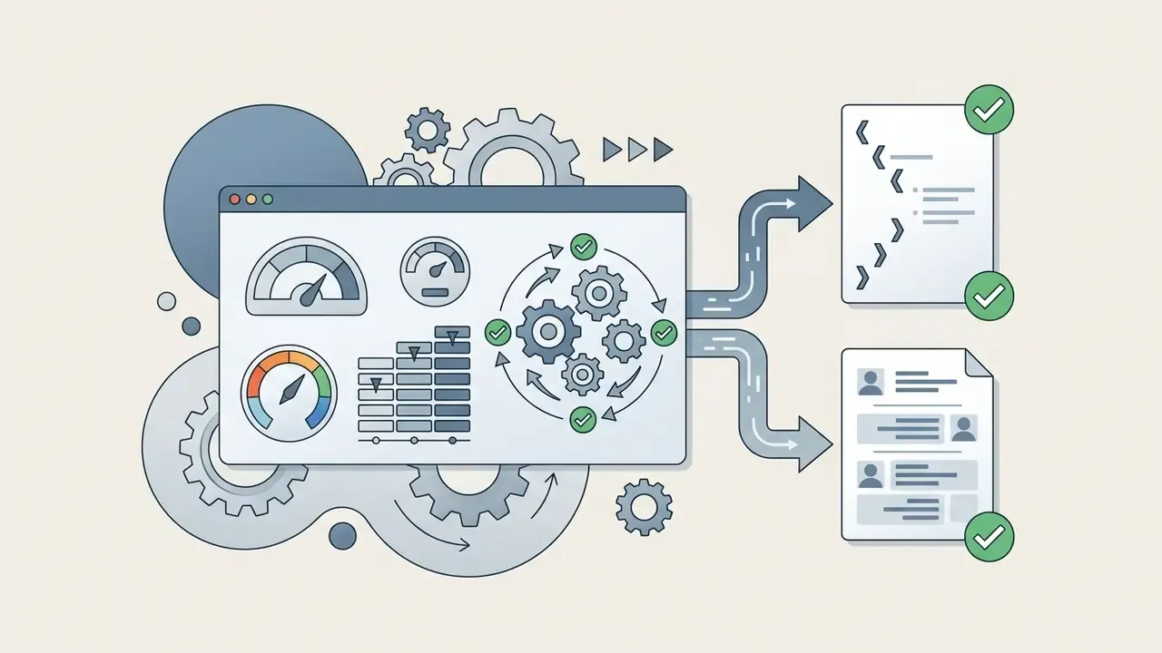 Control panel with gauges and gears routing data into code blocks and conversation logs with checkmarks