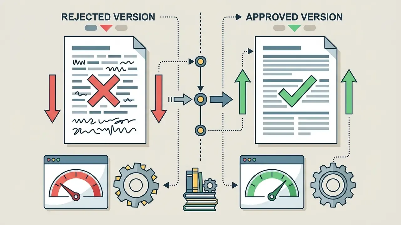 Comparison of rejected and approved email drafts using gauges and gears to show model learning feedback
