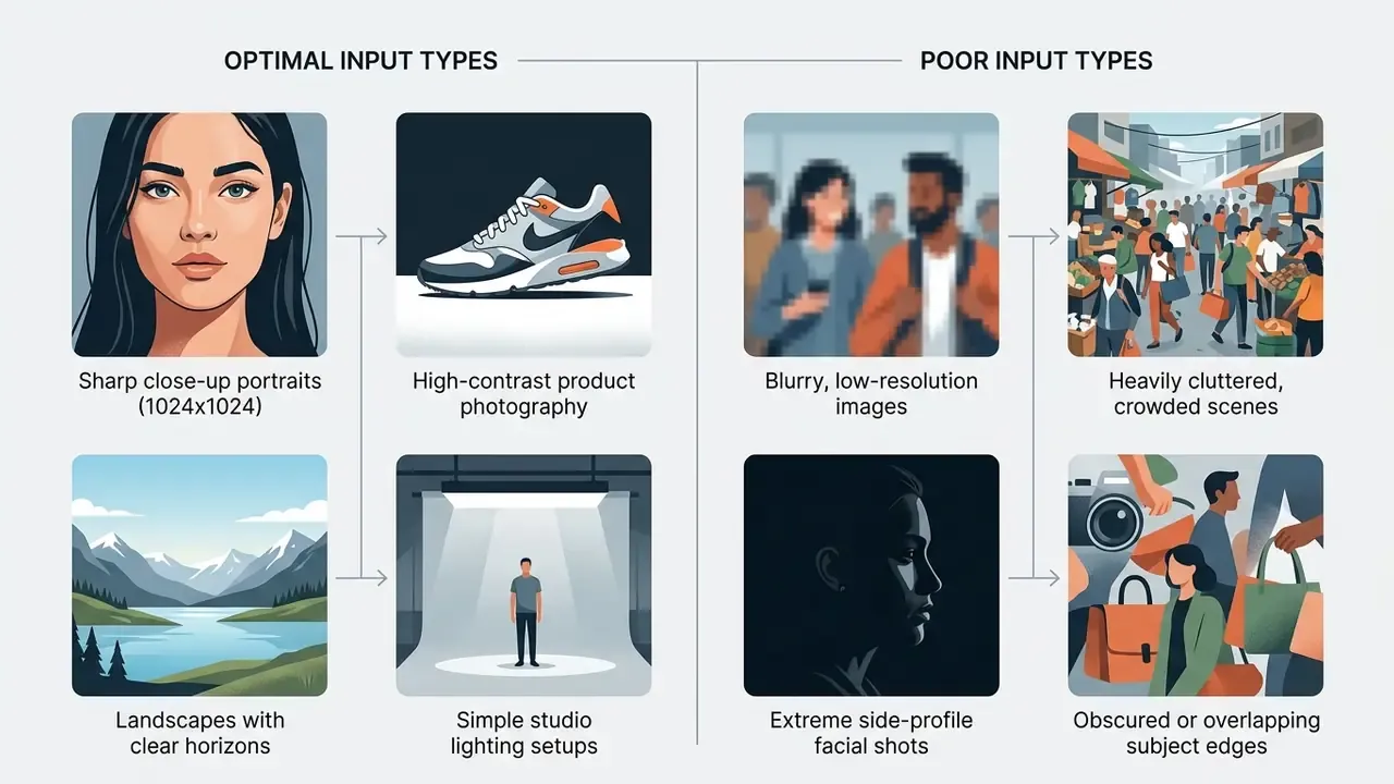 Split view showing examples of ideal and unsuitable source images for generating motion graphics