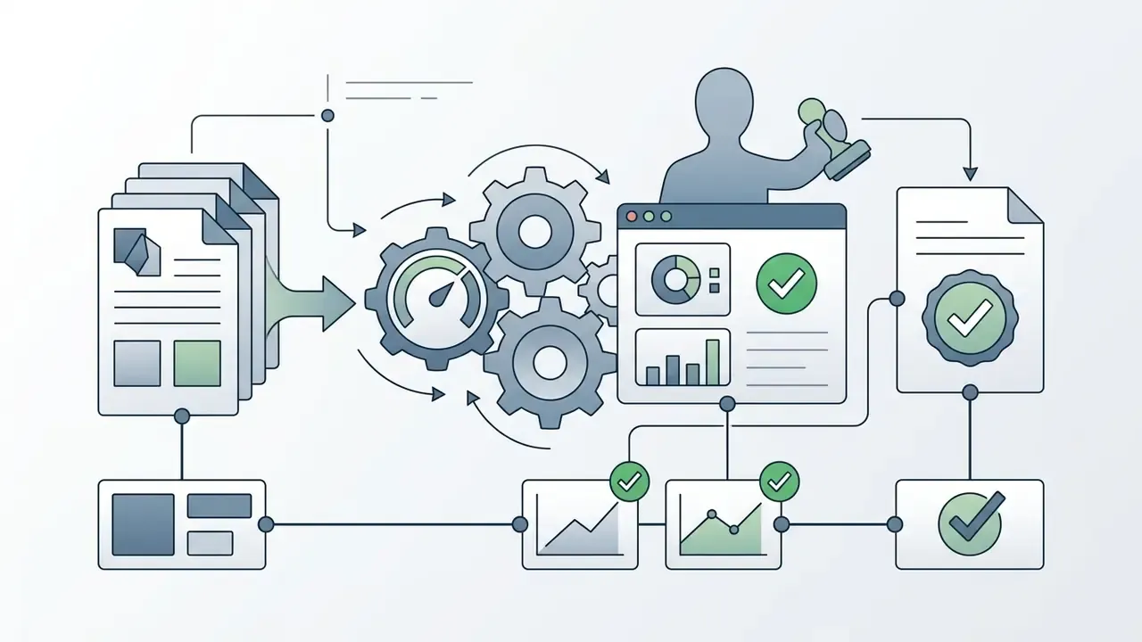 Documents feeding into a gear system and dashboard where a human user applies a stamp of approval