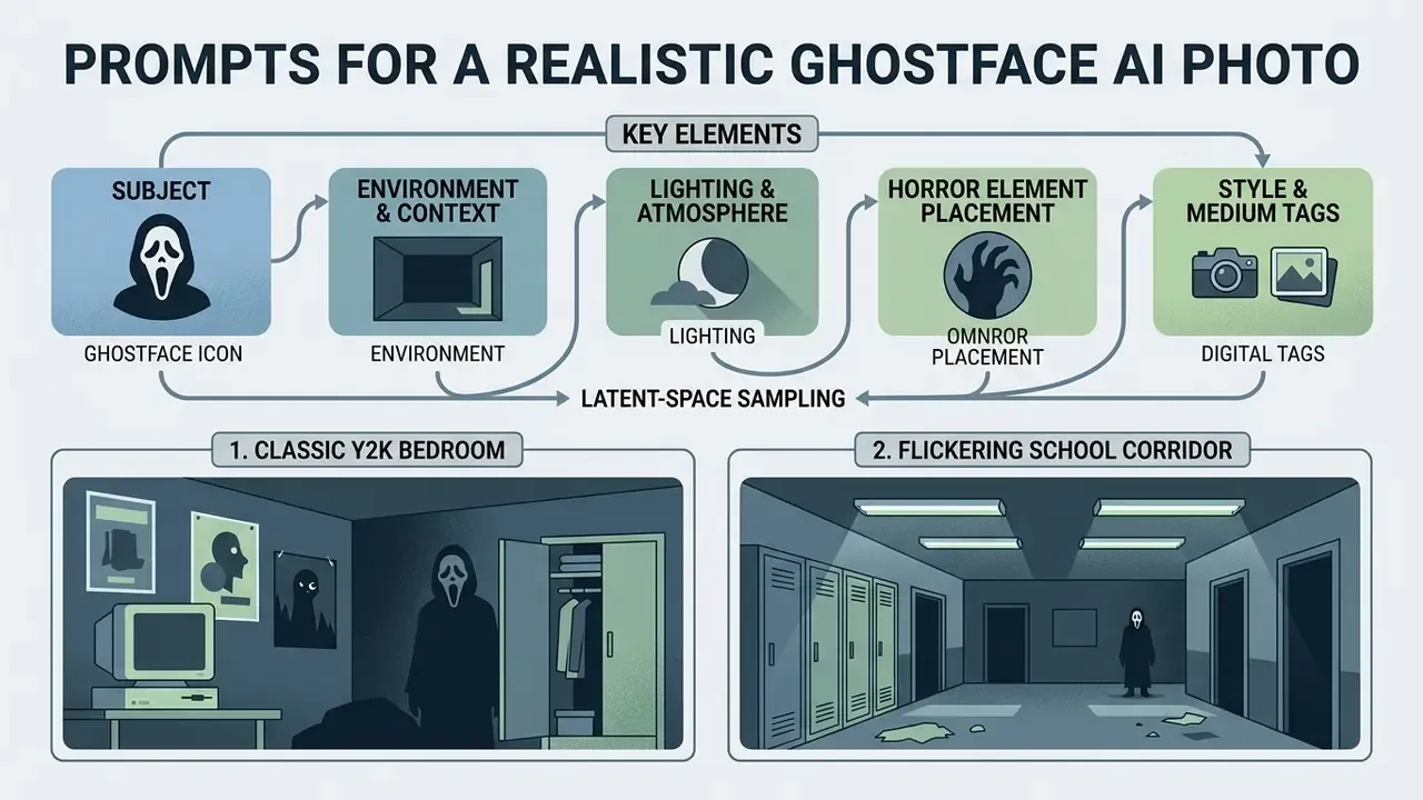 Flowchart showing components for generating horror characters followed by two specific scene examples