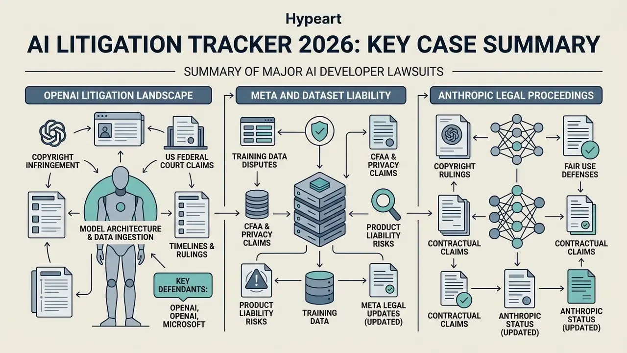 Infographic summarizing legal case categories and procedural risks for major generative AI developers