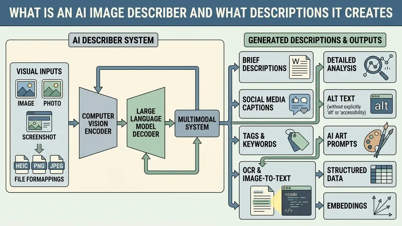 Diagram showing how visual inputs are processed by an AI system to generate various text outputs