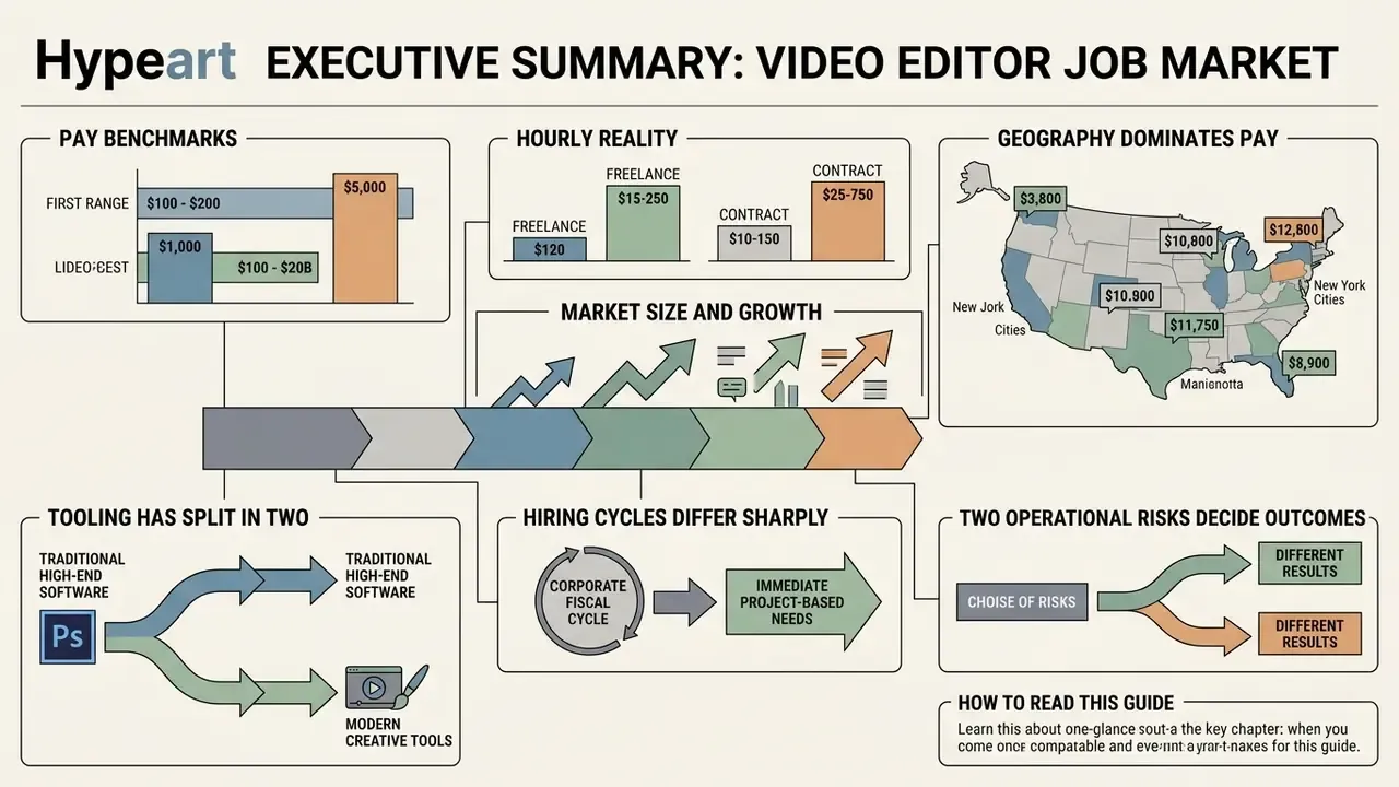 Infographic summarizing pay, geography, tools, and hiring trends for the video editor job market