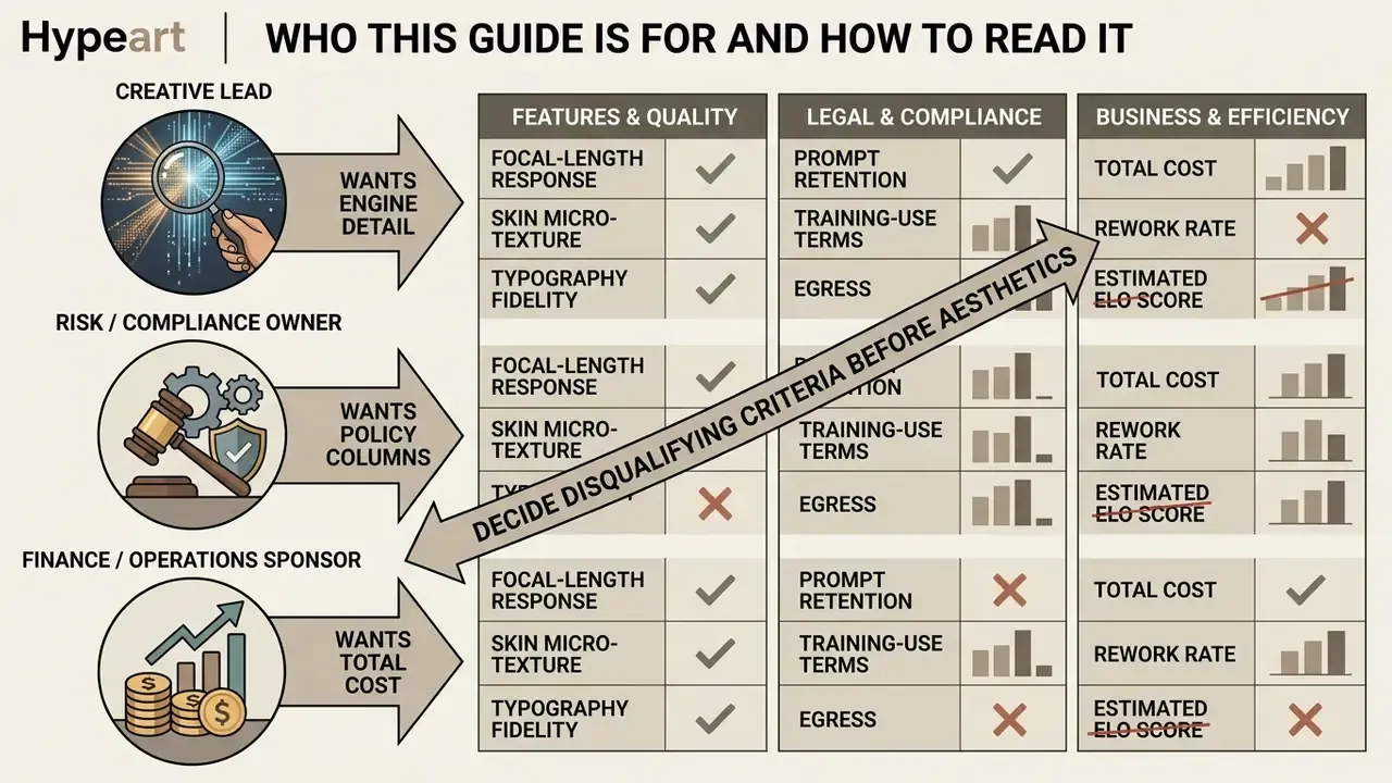 Infographic showing three reader profiles and their specific priorities for evaluating AI image generators