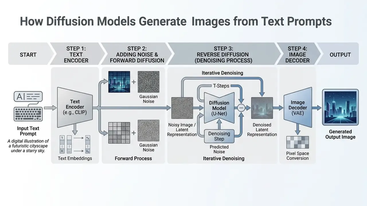 Diagram detailing the technical steps from text input to final image generation via diffusion models