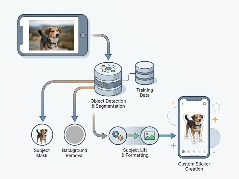Diagram showing the machine learning process of segmenting a photo subject to create a custom sticker