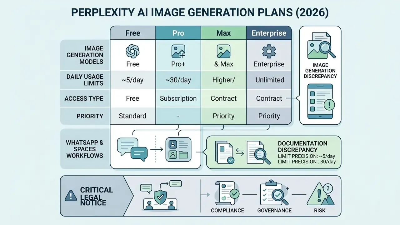 Comparison matrix detailing Perplexity AI image generation tiers, usage limits, and legal compliance notes