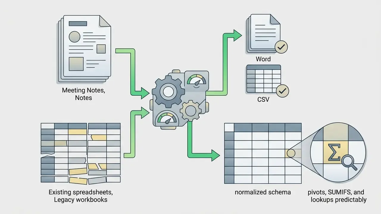 Meeting notes and legacy spreadsheets feeding into a processing gear to output Word and CSV files