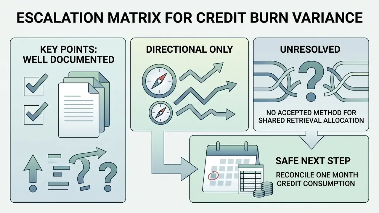 Categorization of compute credit variance into documented, directional, unresolved, and reconciliation steps