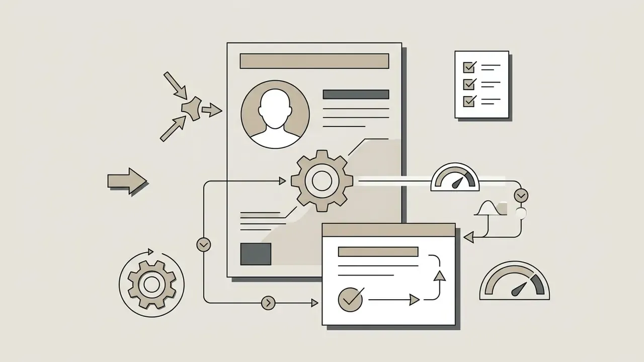 Conceptual layout showing a portrait profile, gear settings, and checklist icons for synthetic media