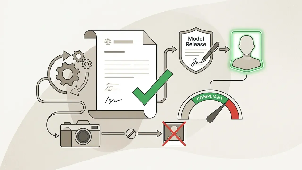 Camera and gear icons processing a document into a signed model release and compliant profile icon