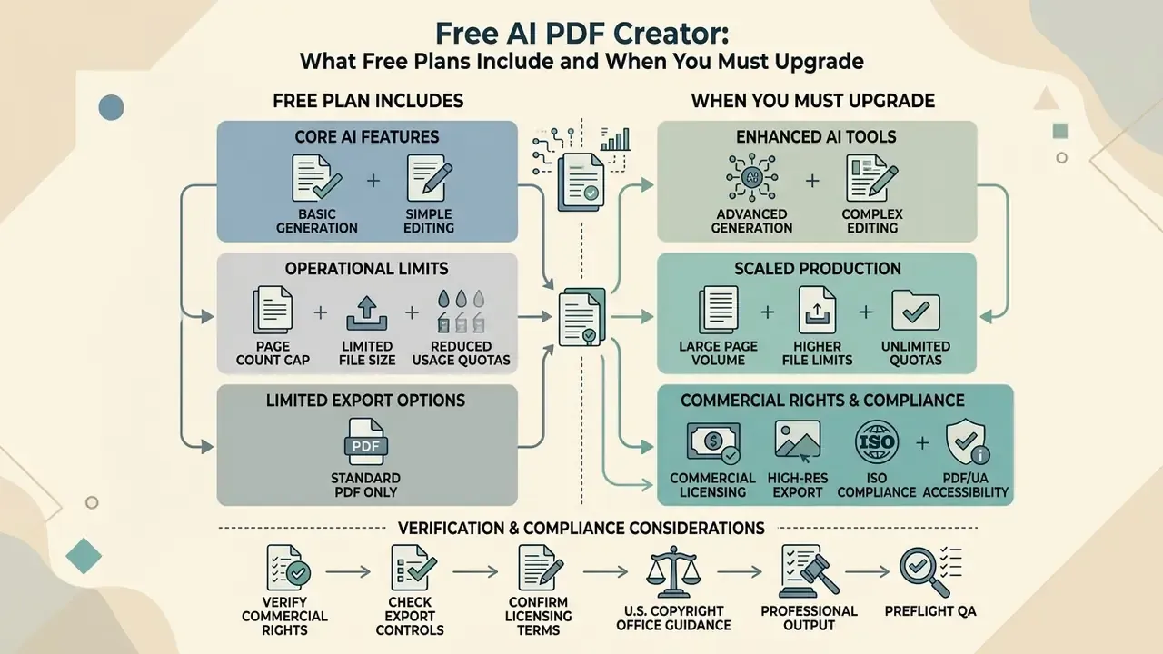 Comparison chart contrasting free plan features with paid upgrade requirements and compliance steps