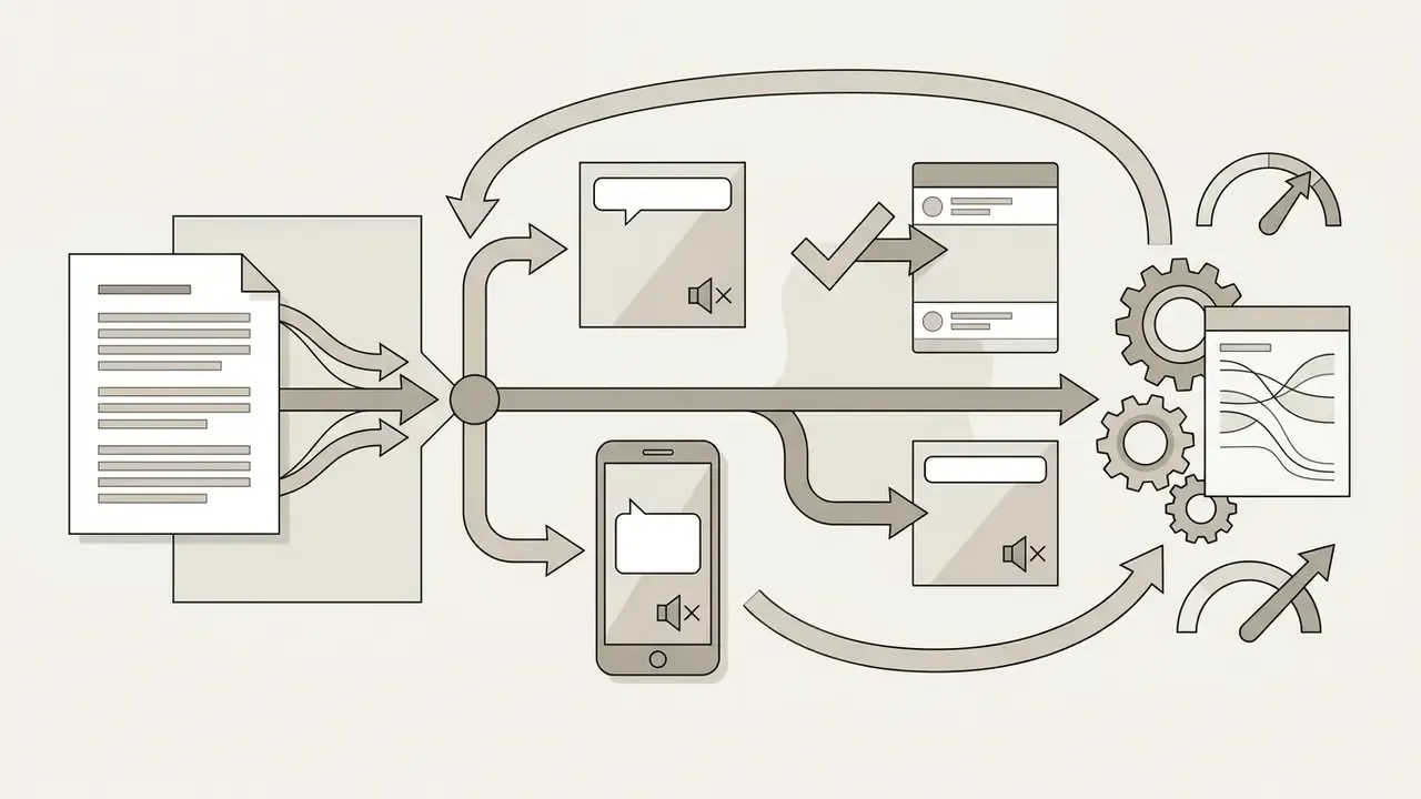 Content assets flowing into mobile and social formats through gears and performance tracking gauges